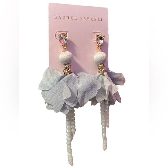 NWT Rachel Parcell Organza Flower Beaded Linear Statement Earrings In Blue - Picture 2 of 3